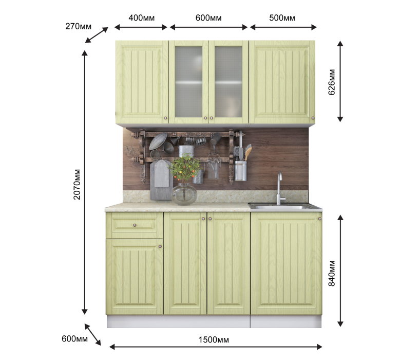 Кухонные гарнитуры, Кухня Хозяюшка 1,5 м Фисташка МДФ