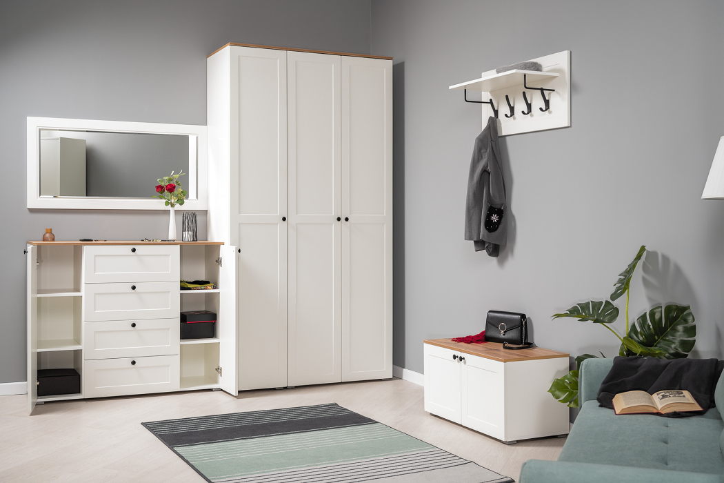 Шкафы распашные, Шкаф-пенал Остин 13.225, белая шагрень, дуб золотой крафт