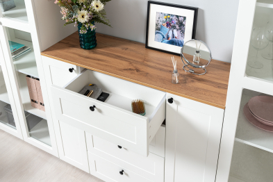 Шкаф-витрина Остин 16.394.02, белая шагрень, дуб золотой крафт