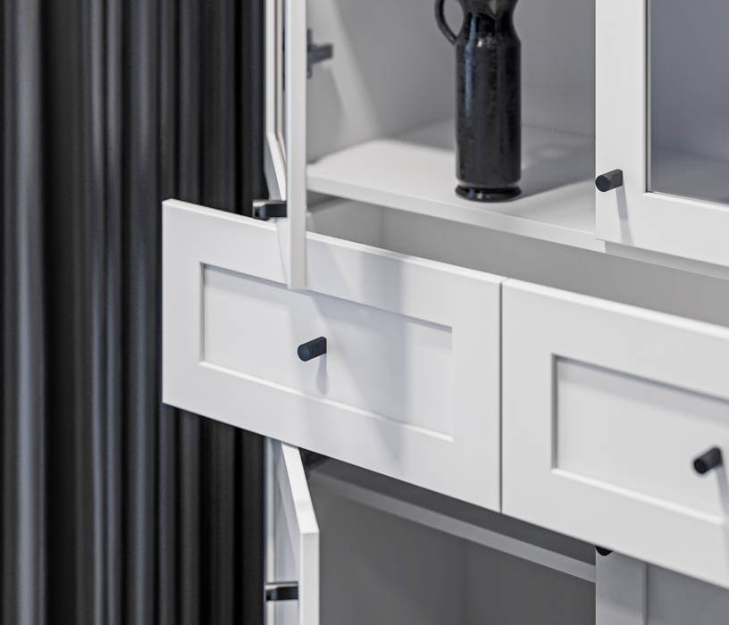 Прямые, Стеллаж Твин СБ-3373 Белый со стеклом и ящиком