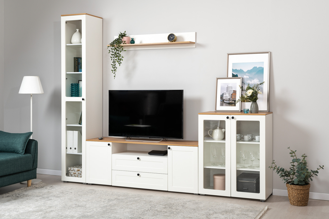 Шкафы распашные, Шкаф-витрина Остин 16.394.03, белая шагрень, дуб золотой крафт