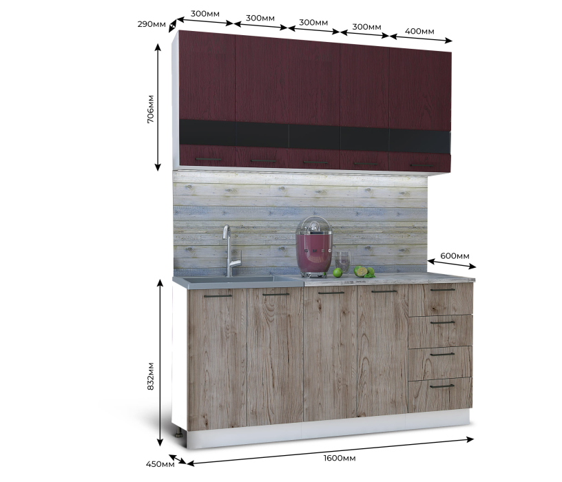 Кухонные гарнитуры, Кухня Астра 1,6 м Красное дерево патина/Дуб галиано МДФ