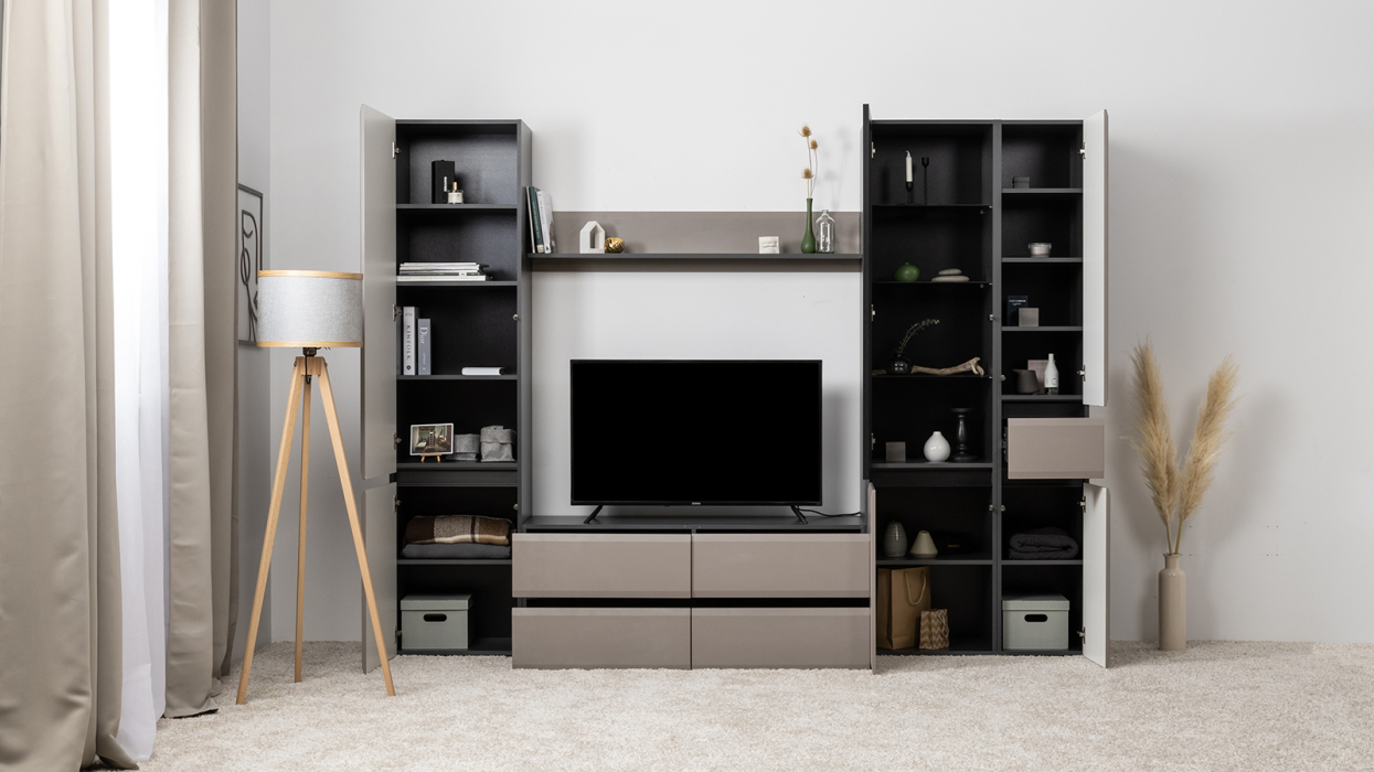 Шкафы распашные, Шкаф-витрина Сидней 13.201, антрацит, веллюто капучино